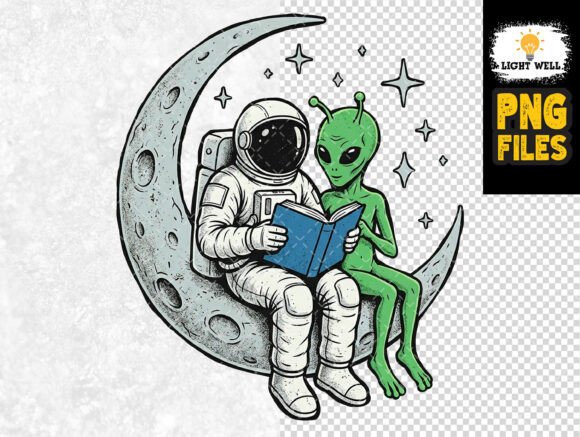 Astronaut and Green Alien Reading on Moo: A Retro Space Friend Storytelling Graphic