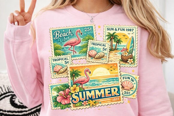 Bring Coastal Charm to Your Projects with Vintage Summer Beach Stamps PNG