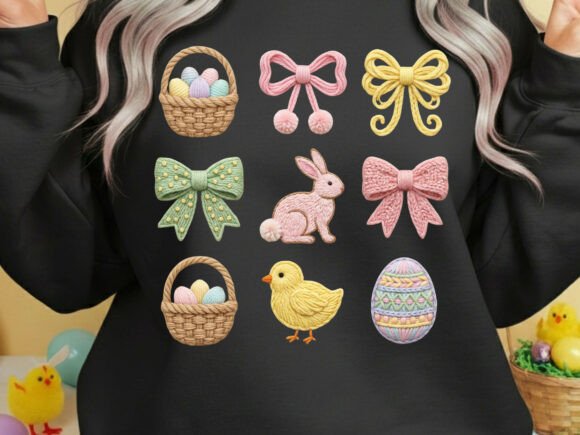 Easter Bunny Eggs Grid Faux Yarn Tshirt Png
